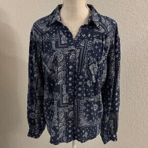 Wrangler Retro Womens Navy Paisley Button-Up Shirt Western Cabincore Ranch M